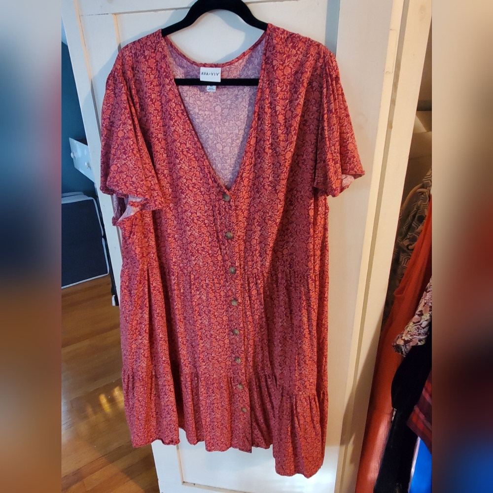 Lovely drop waist, floral dress. Cranberry w/pinkish orange floral print
